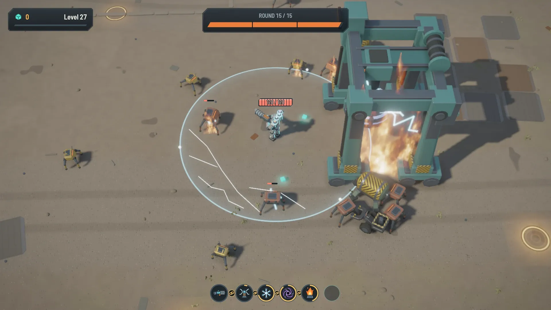 A boss towers over the arena, burning, as the player fights at its feet.