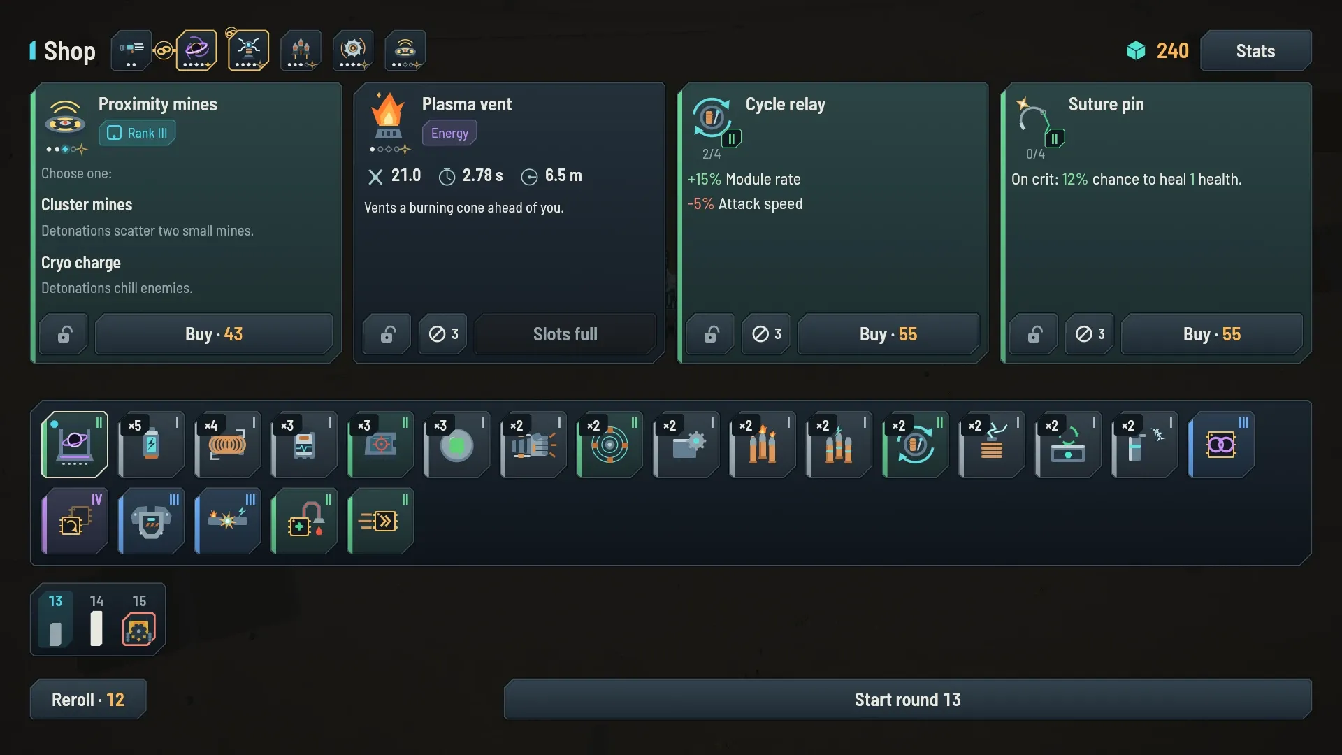 The shop late in a run: linked, ranked modules along the top, offers below and a row of owned items.